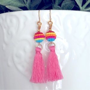 New Rainbow Bead Pink Tassel Fringe Fun Dangle Drop Handmade Boho Chic Earrings